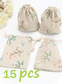 15pcs Classical Trees And Flowers MINI Burlap Bag Drawstring Gift Bag Jewelry Packaging Bag Wedding Gift Bag Wedding Decoration Party Gift Bag Birthday Gift Bag Party Favors Birthday Decoration Party Gift Decoration Party Supplies Valentine Day