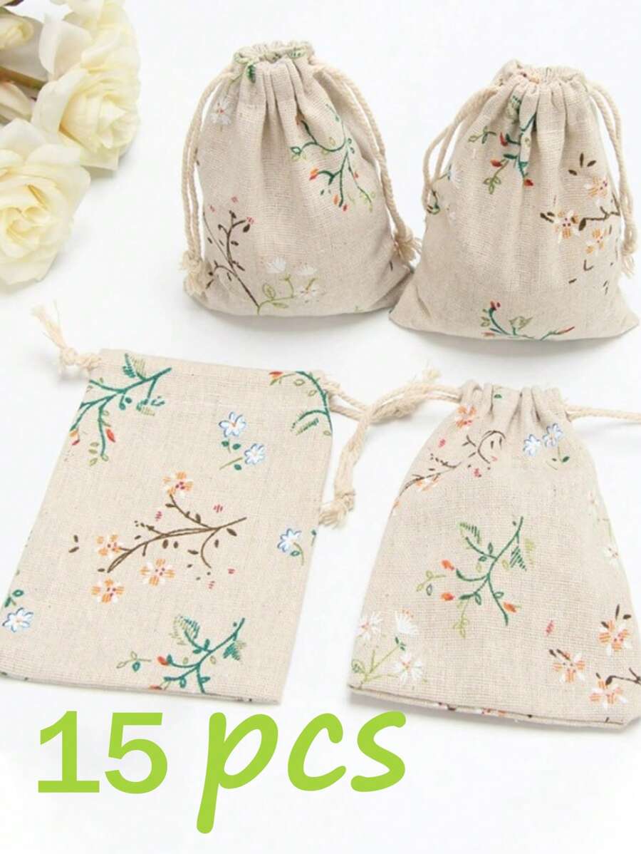 15pcs Classical Trees And Flowers MINI Burlap Bag Drawstring Gift Bag Jewelry Packaging Bag Wedding Gift Bag Wedding Decoration Party Gift Bag Birthday Gift Bag Party Favors Birthday Decoration Party Gift Decoration Party Supplies Valentine Day