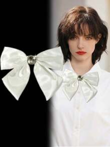 1pc Casual Fashion Solid Color Black/White Ribbon Bow Tie With Pearls, Suitable For Dates Or Parties Matching