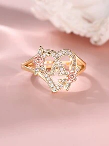 1 件时尚经典心形方晶锆石和字母细节戒指适合女性日常佩戴，时尚派对聚会配件情人节 - 玫瑰金 - 查看 28