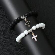 2pcs Vintage Alloy Cross & Drop Oil Crescent Pendant Natural Stone Beaded Friendship Couple Bracelet Set For Men - Black and White - View 6