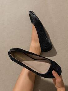 Women's Rhinestone Ballet Flats Glitter Slip-On Elegant Comfortable Round Toe Solid Color Valentines Party Wedding Shoes - Black - View 1