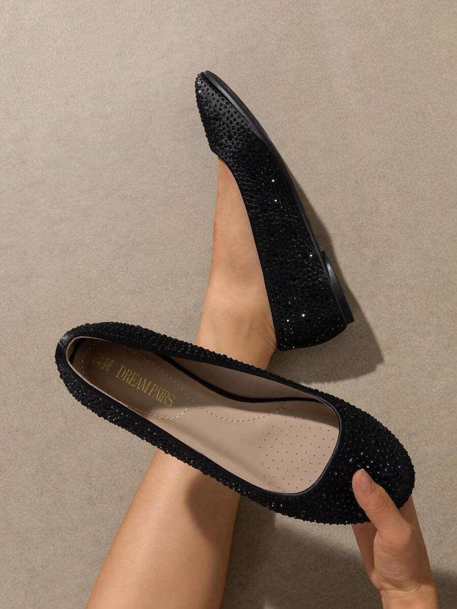Women's Rhinestone Ballet Flats Glitter Slip-On Elegant Comfortable Round Toe Solid Color Valentines Party Wedding Shoes - Black - View 1