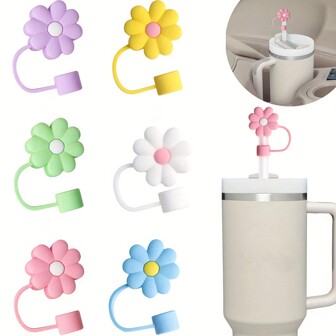 1入組可重複使用的防塵矽膠吸管尖端套，可愛的卡通花朵吸管塞適用於8-10mm吸管，杯子配件