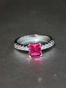 1 件闪亮方晶锆石方形戒指，女士婚礼、订婚、承诺、新娘、永恒、周年纪念、诞生石戒指，日常佩戴 - 玫紅色 - 查看 15