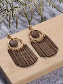 圓圈裝飾木頭流蘇耳墜 - 咖啡棕 - 查看 11