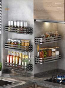 Stainless Steel Kitchen Storage Rack, Multifunctional Wall-Mounted Seasoning Shelf For Salt, Condiment Jars, Etc., No Drilling Required, Full Set Of Kitchen Storage Rack, 1pc - Grey - View 1