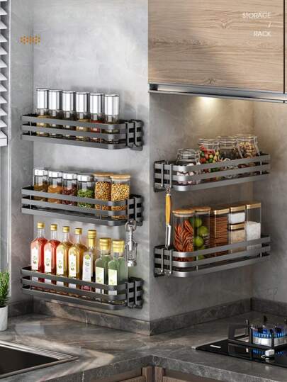 Suporte de Armazenamento de Cozinha em Aço Inoxidável, Prateleira Multifuncional para Temperos Montada na Parede para Sal, Potes de Condimentos, etc., Não é Necessário Furar a Parede, Conjunto Completo de Suporte de Armazenamento de Cozinha, 1 Peça