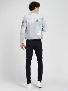 Logeqi® Hombres Graffiti creativo combinado con chaqueta vaquera bordada. - Azul - Ver 2