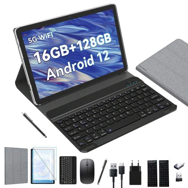 Tablet 10 pulgadas 2 en 1 Tablet con teclado, 5G WiFi Android Tablet, 16(8+8) GB RAM+128GB ROM (1TB TF),7000mAh,Octa-core 2.0GHz,1080P FHD Video,13MP Camera,Bluetooth/Typ-c/GMS (Negro)