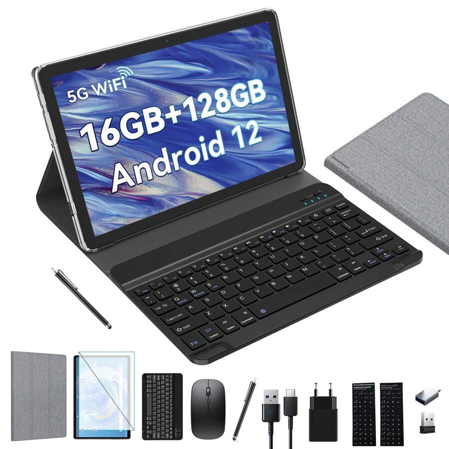 Tablet 10 pulgadas 2 en 1 Tablet con teclado, 5G WiFi Android Tablet, 16(8+8) GB RAM+128GB ROM (1TB TF),7000mAh,Octa-core 2.0GHz,1080P FHD Video,13MP Camera,Bluetooth/Typ-c/GMS (Negro) - Negro - Ver 1