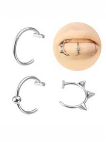 HOTNICE 3pcs Clip On Nose Ring Set Hip Hop Style Stainless Steel Lip Ring Jewelry Decoration Fake Piercing Jewelry Set - 3 Silver Lip Rings - View 4
