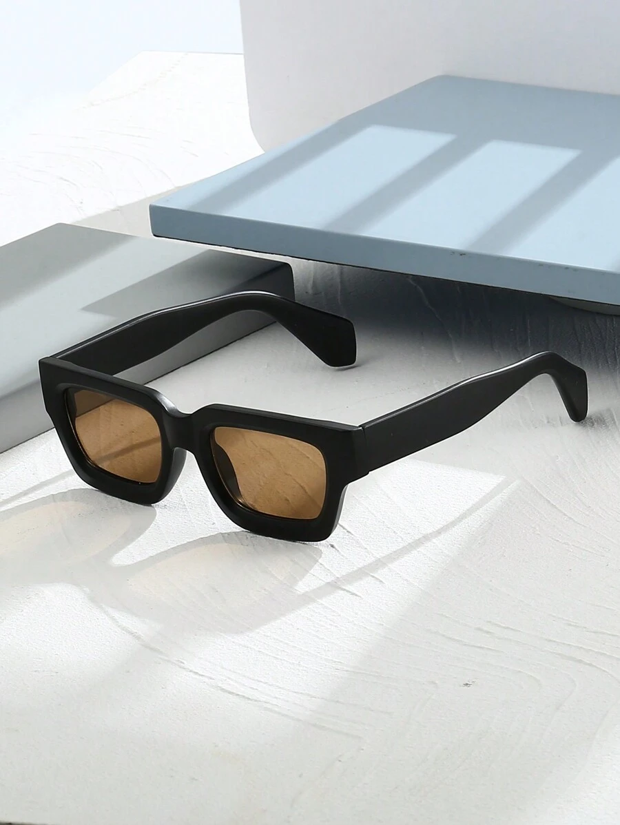 1pc Unisex Classic Square Retro Simplistic Colorblock Stylish Fashion Glasses, Vacation For Summer Beach Vacation,Outdoor,Travel - Brown - View 1