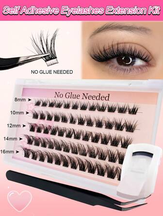 60Pcs C Curl Self Adhesive Individual Cluster Lashes Kit 8-16mm DIY Lash Extension Set With Tweezers And Lash Clurler Press On Segmented Lashes No Glue Needed Spikes Eyelashes Extensionlash Clusters,Eyelash Clusters,Individual Eyelashes,Lashes,Fake Lashes