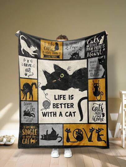 1 pièce Couverture en flanelle à motif de chat, couverture rectangulaire en fibre de polyester de style moderne, convient à une utilisation pour plusieurs scènes