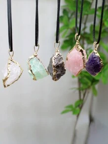 1pc Asymmetric Gold Plated Edge Natural Stone Pendant Amethyst Powder Crystal Pendant Necklace Jewelry Gift Natural Agate Asymmetric - Multicolor - View 1