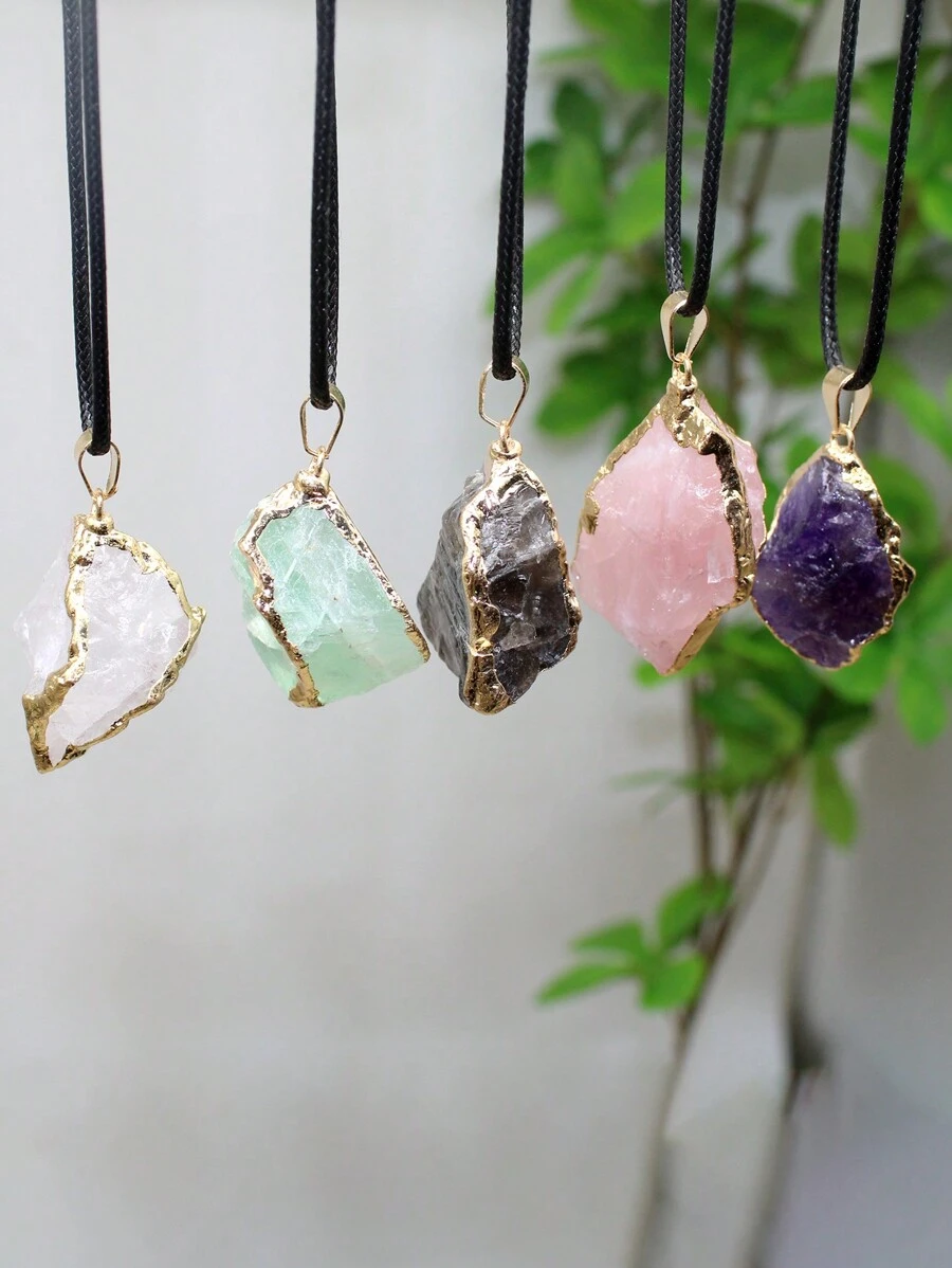 1pc Asymmetric Gold Plated Edge Natural Stone Pendant Amethyst Powder Crystal Pendant Necklace Jewelry Gift Natural Agate Asymmetric - Multicolor - View 1