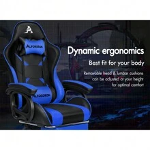 ALFORDSON Silla Gaming, Asiento Gaming con Soporte Lumbar de Masaje, Sillón Giratorio Ergonómico con Reposacabezas, Altura Regulable, PU, Negro - Azul - Ver 3