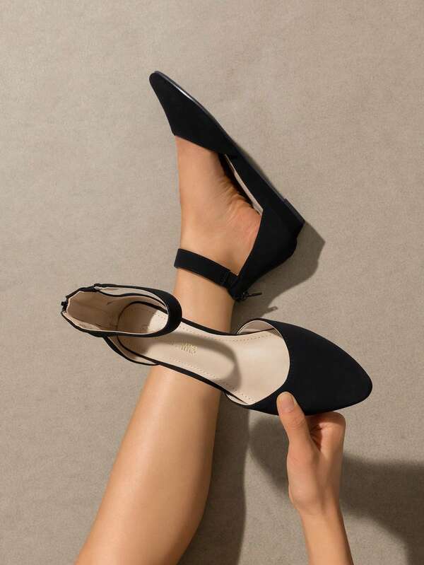Women's Closed Pointed Toe Low Wedge Ankle Strap Casual Comfortable Ballet Flats With Back Zipper Design Party Wedding Shoes Black Nubuck