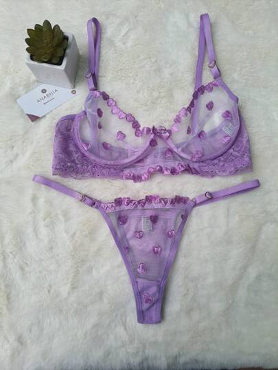 Conjunto lingerie sutiã calcinha fio tule transparente bordado Anabella