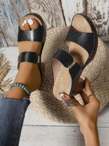 Women\ Chunky Heeled Outdoor Retro Open Toe Platform Sandals Thick-Soled High Heels Slippers - Black - View 3