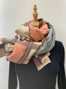 1 件秋冬新款加厚女式圍巾,仿羊絨材質,歐美風格,時尚冬季保暖圍巾和披肩 - 粉色 - 查看 2