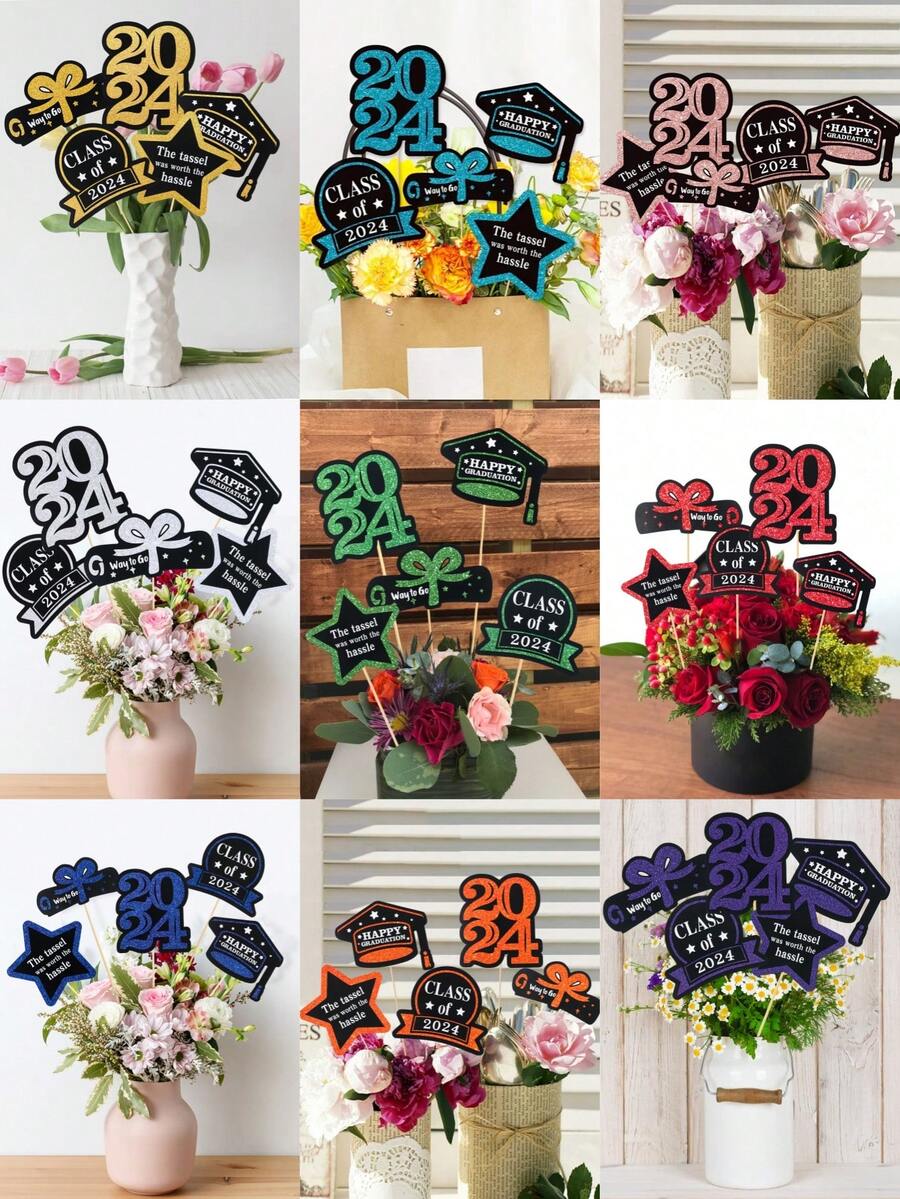 5pcs/Set Rose Gold 2024 Graduation Season DIY Hand Holding Flower Vase Plugin, Graduation Party Room Table Decorations - Rose Gold - View 1