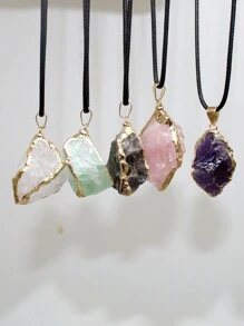 1pc Asymmetric Gold Plated Edge Natural Stone Pendant Amethyst Powder Crystal Pendant Necklace Jewelry Gift Natural Agate Asymmetric - Multicolor - View 7