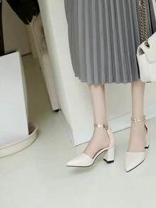 女士珍珠吊墜裝飾夾線金色空心皮帶鞋，2024年新款婚禮派對夏季尖頭鮭紅中跟鞋 - 糯米白色 - 查看 3