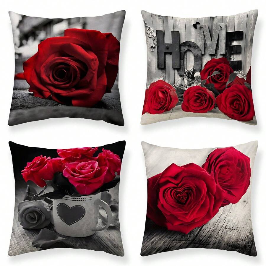 4pcs Black & Red Color Block Pillow Covers, Rose Floral Design, Digital Printed Polyester Linen-Like Material, Romantic Gift For Home Decoration & Couple (Pillow Inserts Not Included)