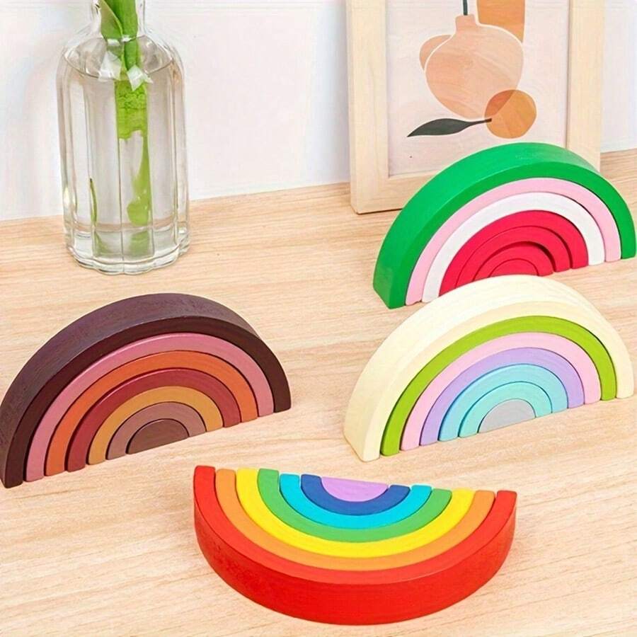 木製彩虹疊疊樂學習玩具幾何積木教育玩具，適用於兒童嬰幼兒（彩虹款），學校、學生、文具、學校用品 - 多色 - 查看 1