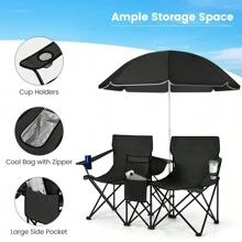 Double Camping Chair, Portable Folding Loveseat Chair With Umbrella And Carry Bag, Outdoor Leisure Lover Chairs For Finishing, Picnic, Travel, Hiking, Beach And BBQ - Black - View 5
