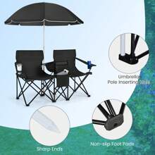 Double Camping Chair, Portable Folding Loveseat Chair With Umbrella And Carry Bag, Outdoor Leisure Lover Chairs For Finishing, Picnic, Travel, Hiking, Beach And BBQ - Black - View 6