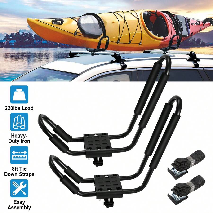 1Pair/2Pair/4Pair Universal J-Bar Kayak Carrier 220LBS Load Heavy Duty Canoe Car Top Mount Carrier Roof Rack With 2Pcs Tie Down Straps For Summer Beach Travel - 1對黑色 - 查看 1