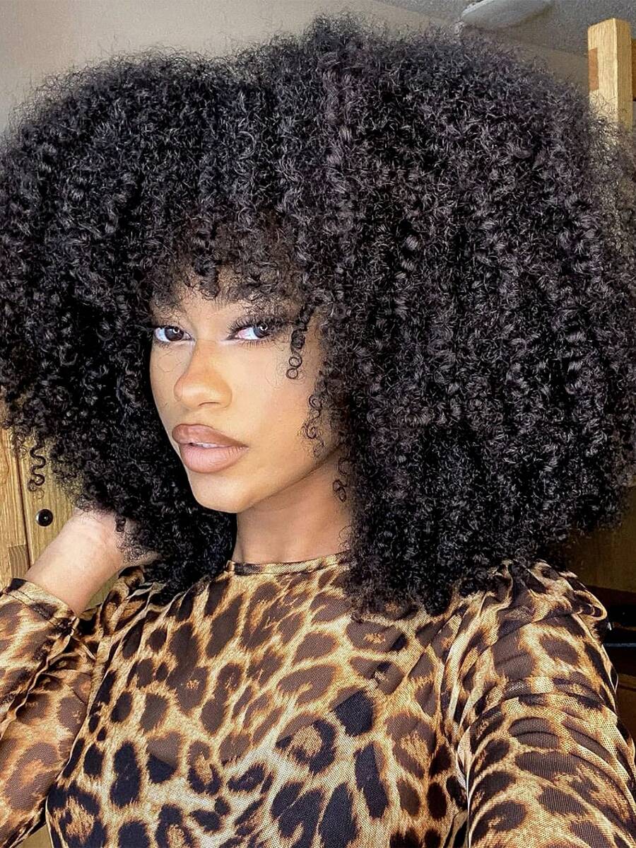 Short  Kinky Curly Wig With Bangs For Women Synthetic Heat Resistant Full Wigs For Daily Use