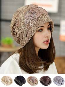 女士镂空蕾丝仿旧大花结头巾帽，透气时尚，适合女士日常生活和旅行。冬季秋季情人节