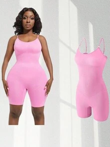 1pc Plus Size Full Body Shapewear Bodysuit For Women Tummy Control Body Shaper Thigh Slimmer Shorts Seamless Sculpting Underwear Open Crotch Bodysuit - Pink - View 4