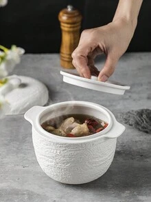 One White Stone-Pattern Ceramic Stew Pot With Double-Layer Lid And Water-Sealed Steaming Bowl