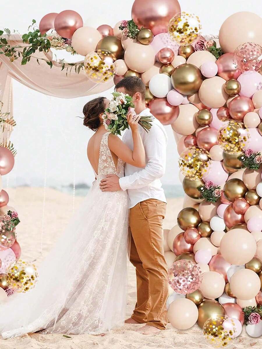 145入組粉紅色和玫瑰金氣球花環套件：適用於婚禮、生日、紀念日和畢業典禮！