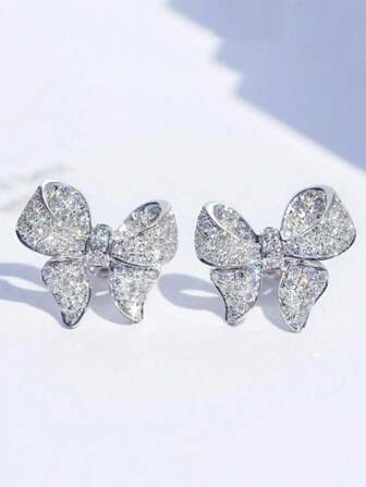 1 Pair Of Copper Inlaid Cubic Zirconia Bowknot Earrings