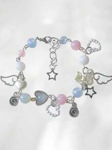1pc Pulseira Artesanal Espiral de Asas de Laço Detalhe de Laço de Coração com Pérolas Naturais para Uso Diário e Festas Femininas - Estilo Y2K