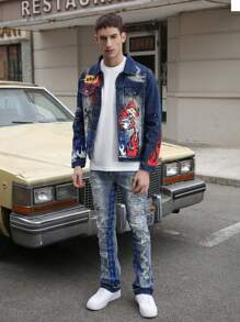 Logeqi® Hombres Chaqueta vaquera street graffiti rasgada azul - Azul - Ver 9