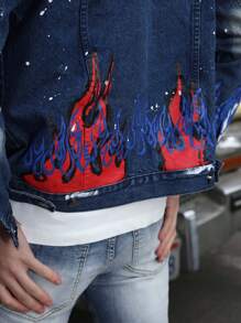 Logeqi® Hombres Chaqueta vaquera street graffiti rasgada azul - Azul - Ver 6