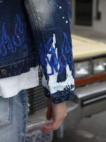 Logeqi® Hombres Chaqueta vaquera street graffiti rasgada azul - Azul - Ver 5