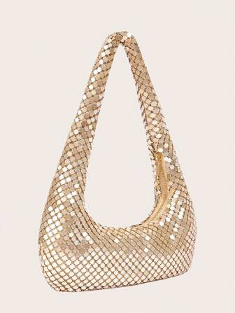 女士时尚金属背包腋下包高端闪亮派对夜店单肩包宴会晚礼服包水钻铝片手拿包派对晚礼服包，与新年服装完美搭配，与女士派对礼服完美搭配，婚礼必备品，与毕业礼服、舞会礼服完美搭配