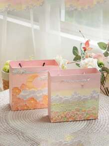 6pcs Mixed-Design Oil Painting Gift Bags, Paper Shopping Bags, Suitable For Birthday Gift Packaging