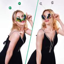 1 pieza Diadema con diseño de alien, gafas de sol de plástico verdes/plateadas con accesorios de brillo, diadema de disfraz de alien, gafas divertidas de bola de cabeza de alien de espuma, accesorios de fiesta para graduación