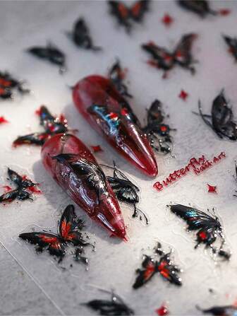 1 件 5D 指甲贴纸深黑色红色蝴蝶哥特式漂亮闪亮闪光美甲个性化自粘指甲贴花配件 DIY