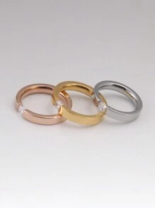 1 st. Roestvrijstalen Zilveren Eenvoudige Ring Met Enkele Strass Zirkonia Vingerband Geschikt Voor Vrouwen