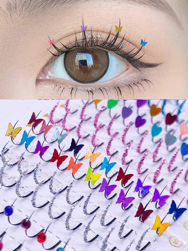 12 Pairs Butterfly & Heart Shaped Glitter False Eyelashes, Colorful Sparkly Fairy False Eyelashes, 3D Glitter Fairy False Eyelashes